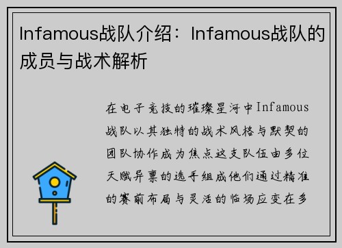 Infamous战队介绍：Infamous战队的成员与战术解析