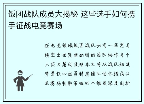 饭团战队成员大揭秘 这些选手如何携手征战电竞赛场