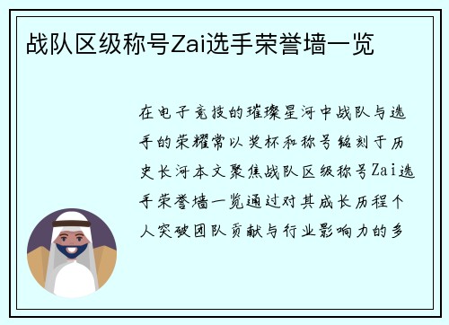 战队区级称号Zai选手荣誉墙一览